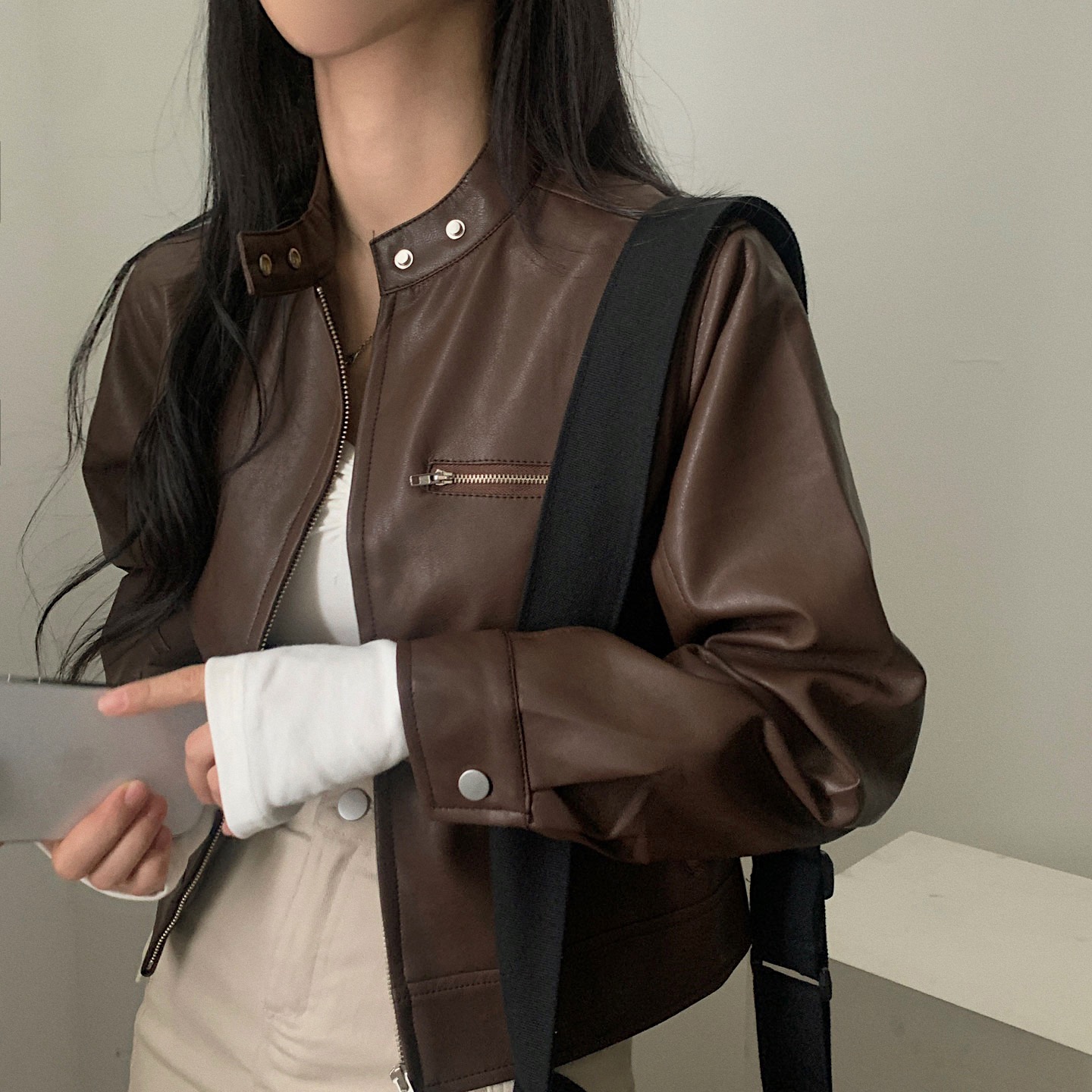 Korean ins autumn and winter temperament motorcycle leather jacket half turtleneck baseball uniform leather jacket