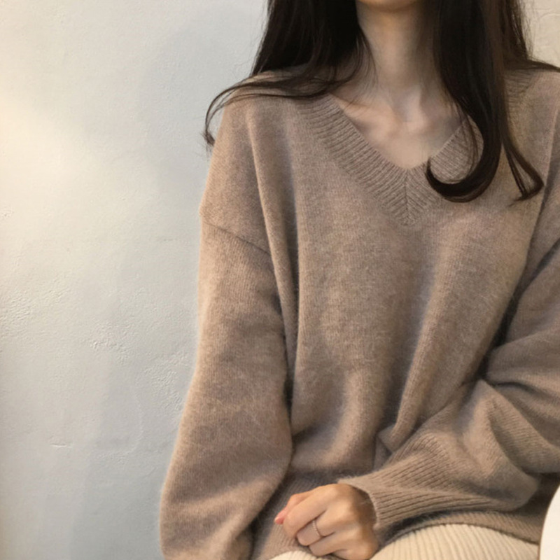 韓國chic秋冬減齡套頭V領慵懶學院風毛衣寬鬆時尚百搭針織衫上衣