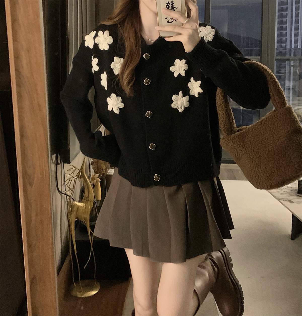實拍 秋冬韓版寬鬆氣質繡花重工設計感北極絨針織毛衣女外套