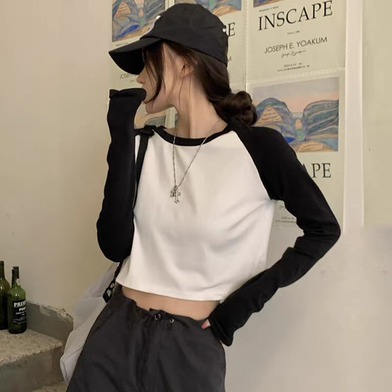 設計感小眾拼色插肩長袖t恤女早春秋bm短款甜辣妹修身高腰上衣ins