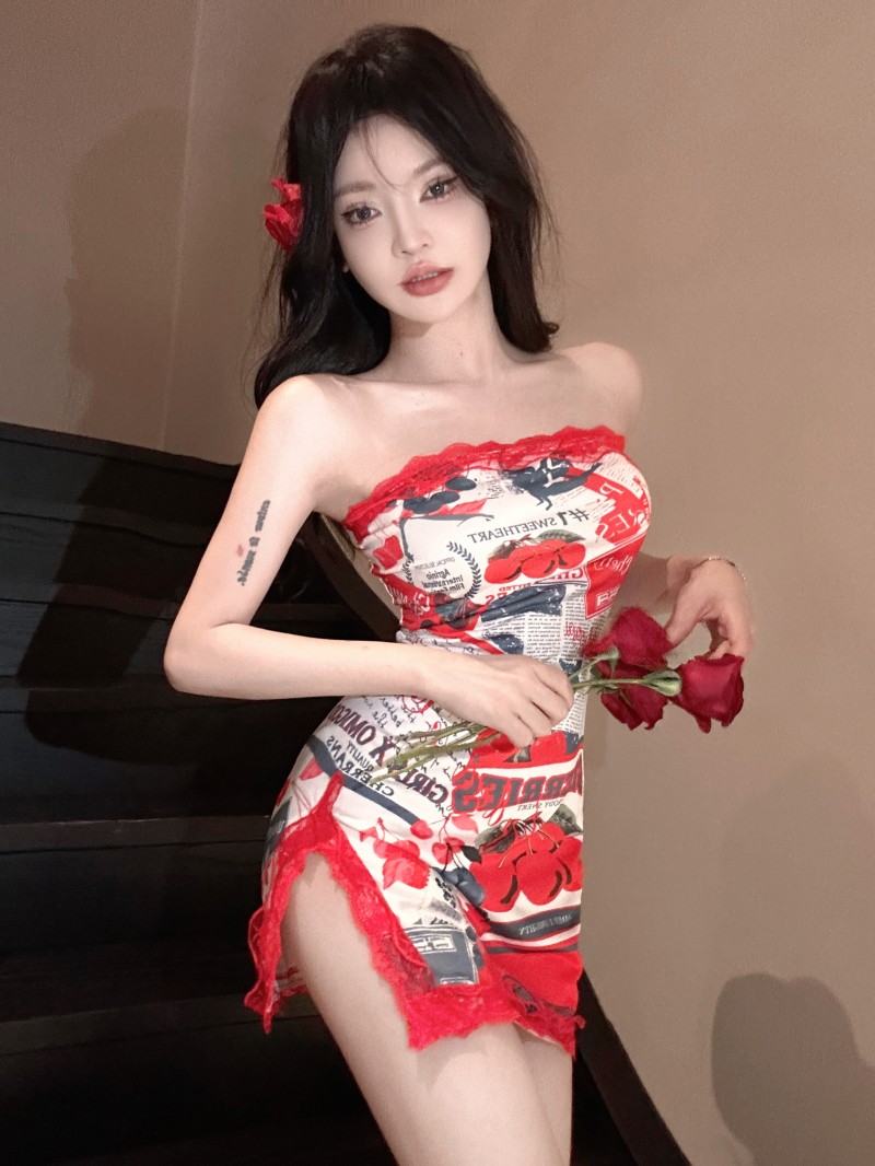 實拍~抹胸蕾絲印花辣妹性感修身甜美裹胸連衣裙女