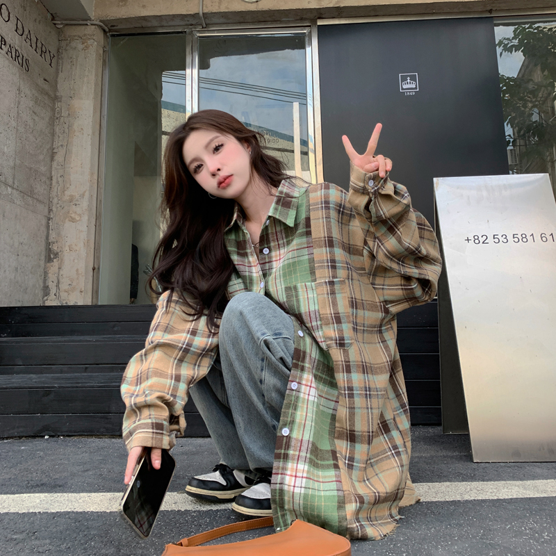 復古拼接設計感小眾襯衫外套女2023年秋冬季內搭外穿百搭長袖上衣