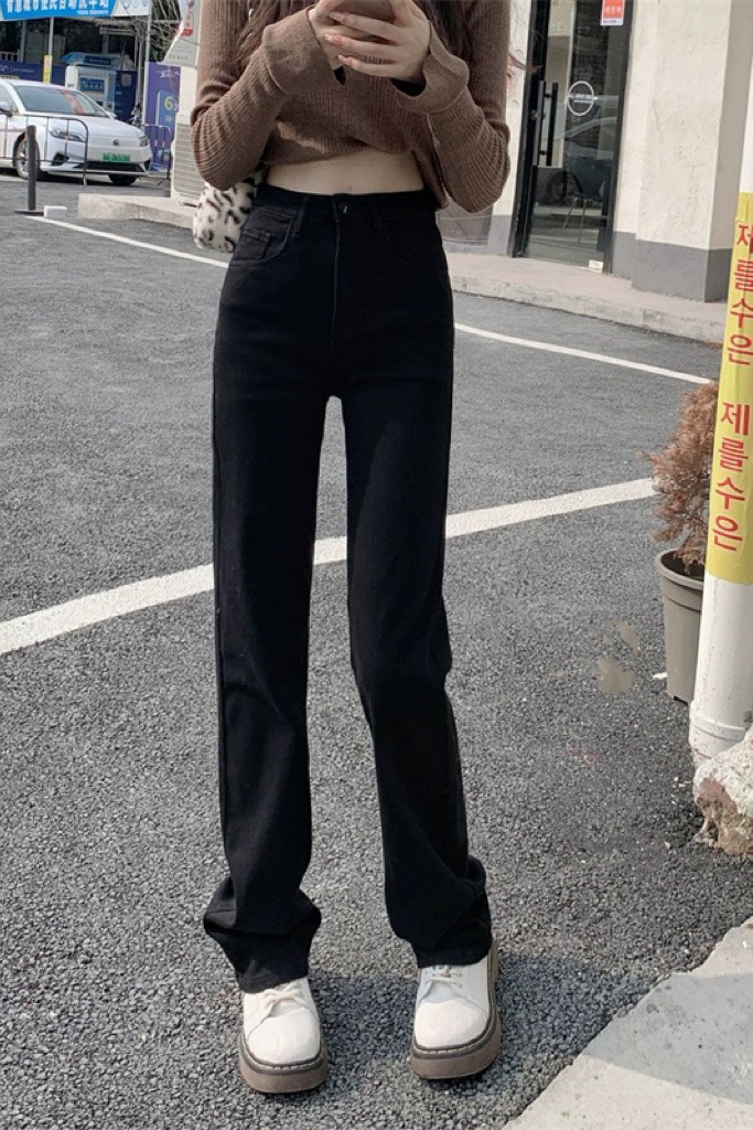 實拍ˇ黑色直筒牛仔褲新款秋女高腰chic港味復古顯高拖地褲子