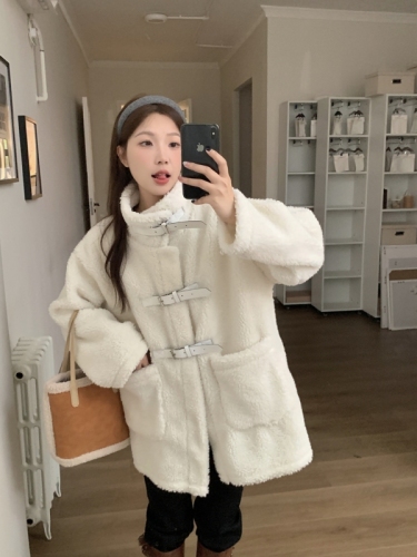 Actual shot of 600g lambswool coat for women, Korean style loose thickened mid-length fur one-piece particle coat