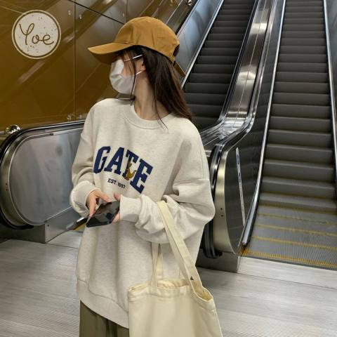 原宿BF加絨加厚套頭圓領衛衣女學生鹽系寬鬆上衣秋冬季外套慵懶風