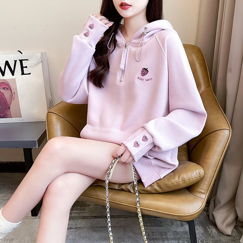 Real shot Autumn Korean style loose Chinese cotton composite 320g hooded embroidery large size thin sweatshirt for women