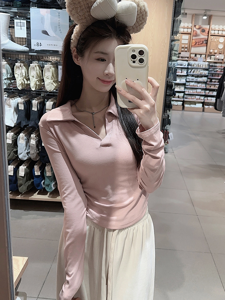 Actual shot~Early autumn new style small lapel slim fit pure lust style long-sleeved T-shirt