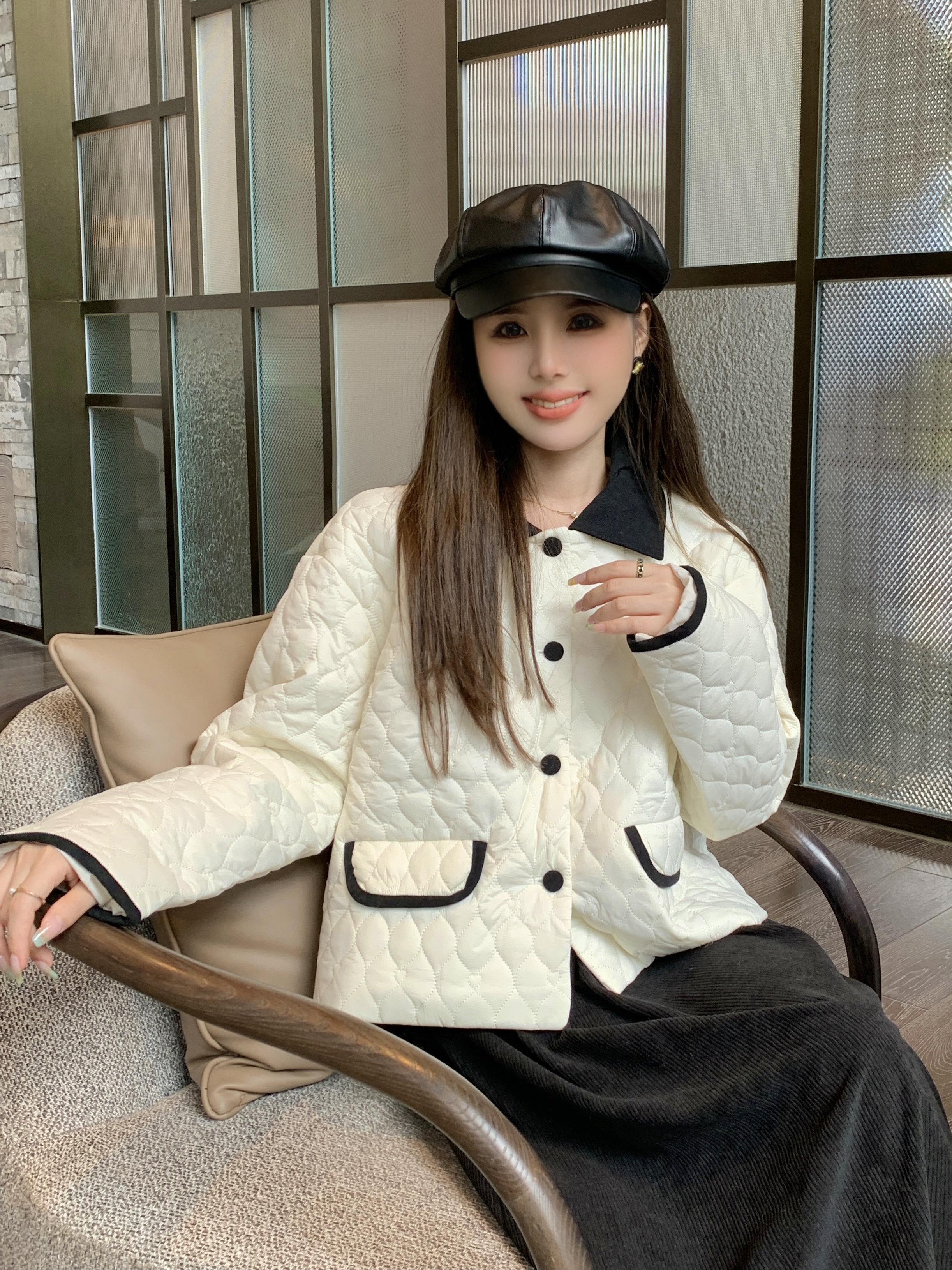 New Korean style rhombus lapel small fragrant light cotton coat loose temperament cotton coat for women real shot