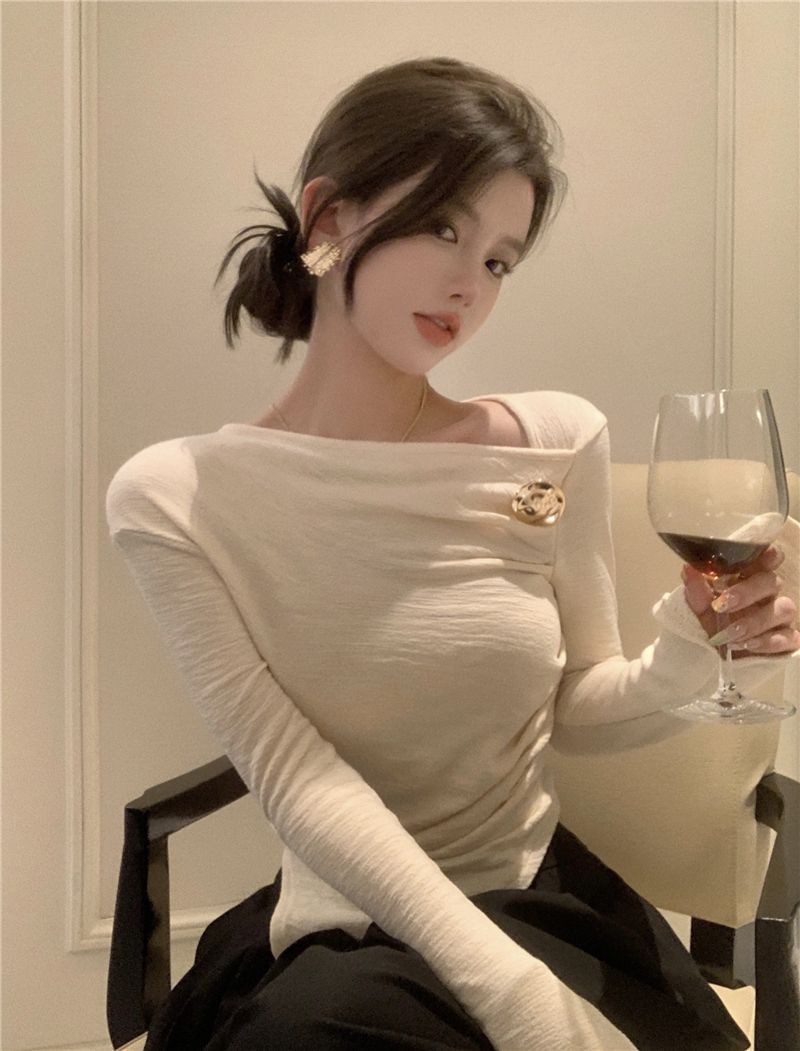 210g thread design irregular pleated long-sleeved T-shirt 2023 spring new French internet celebrity