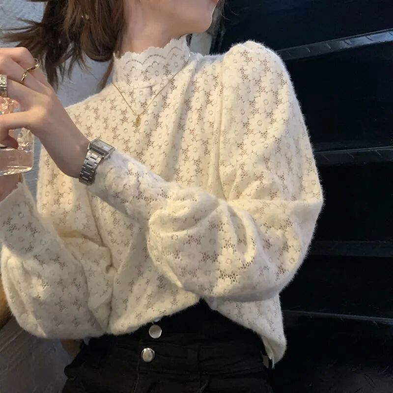 氣質鏤空蕾絲打底衫女秋冬季半高領洋氣內搭小衫超仙上衣服
