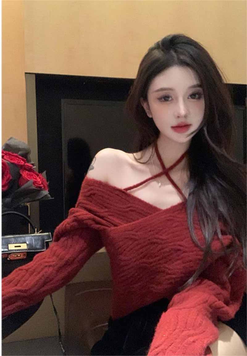綁帶毛衣女純欲小性感一字肩露鎖骨上衣針織衫