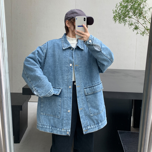 Real shot~Fleece thickened denim jacket for women in autumn and winter loose Harajuku bf style retro denim jacket trendy