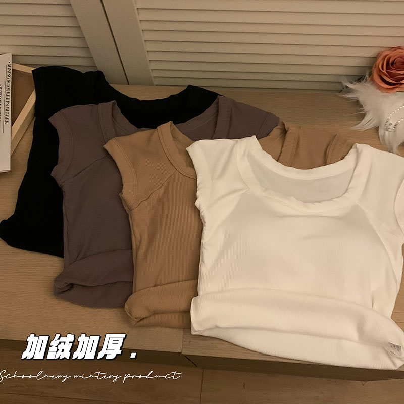 實拍 加絨加厚正肩背心女保暖修身顯瘦內搭打底帶胸墊上衣