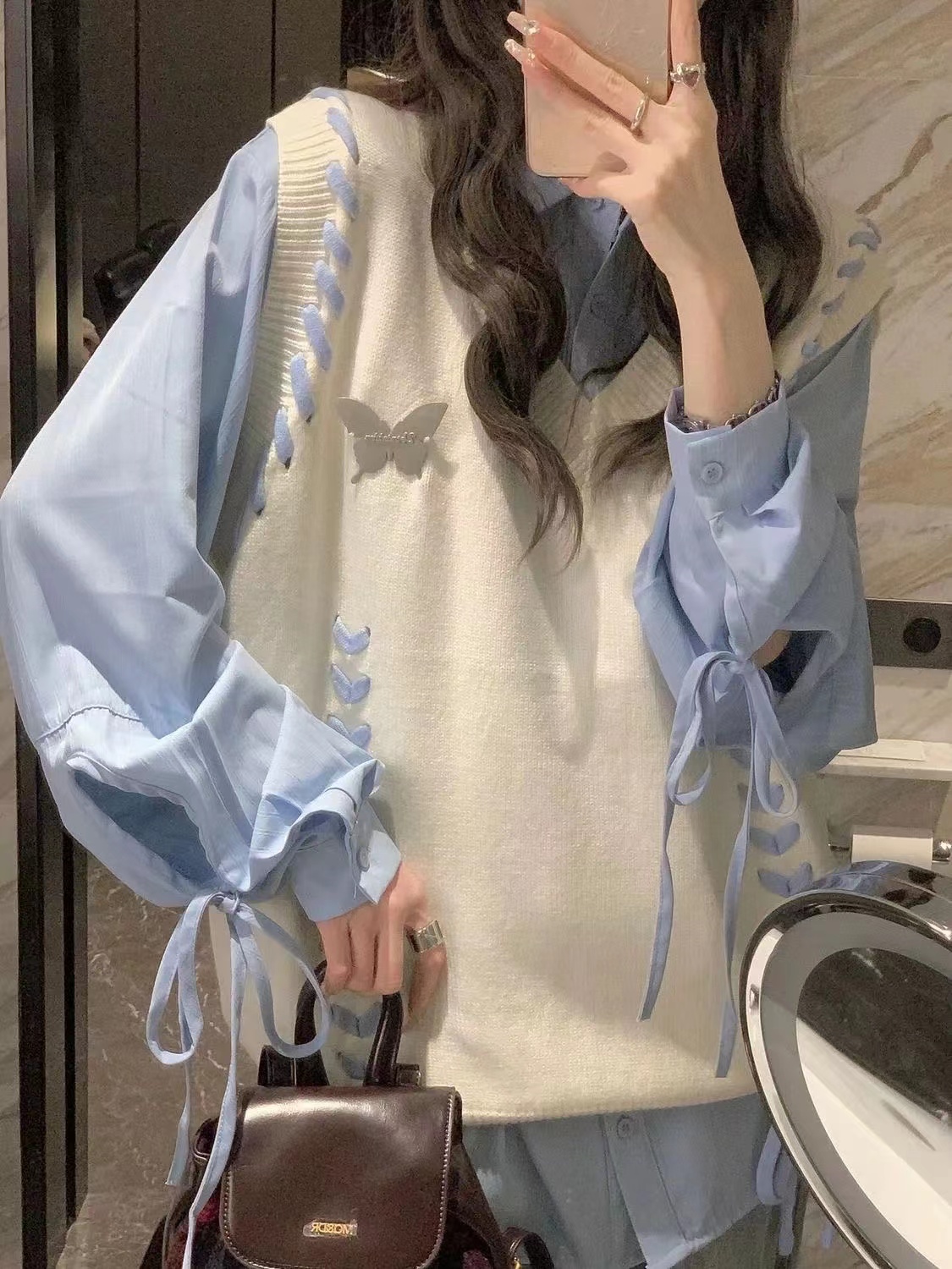 套裝/單件ins韓系甜美帥氣針織馬甲背心女學生外穿毛衣+綁帶襯衫