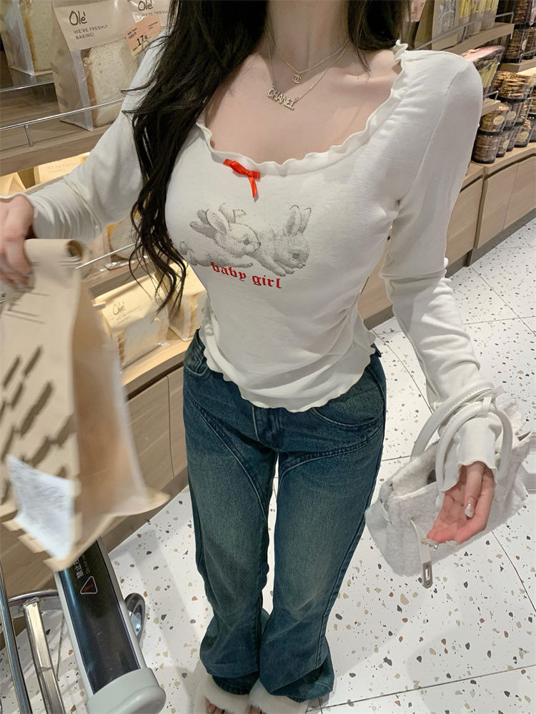 Hot girl bunny print long-sleeved T-shirt for women 2023 autumn and winter bow slim short style niche inner top
