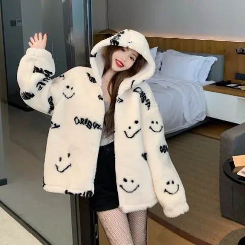 Hong Kong style student chic street cardigan sweatshirt for women autumn and winter plus size fat girl lazy style imitation fur coat trendy