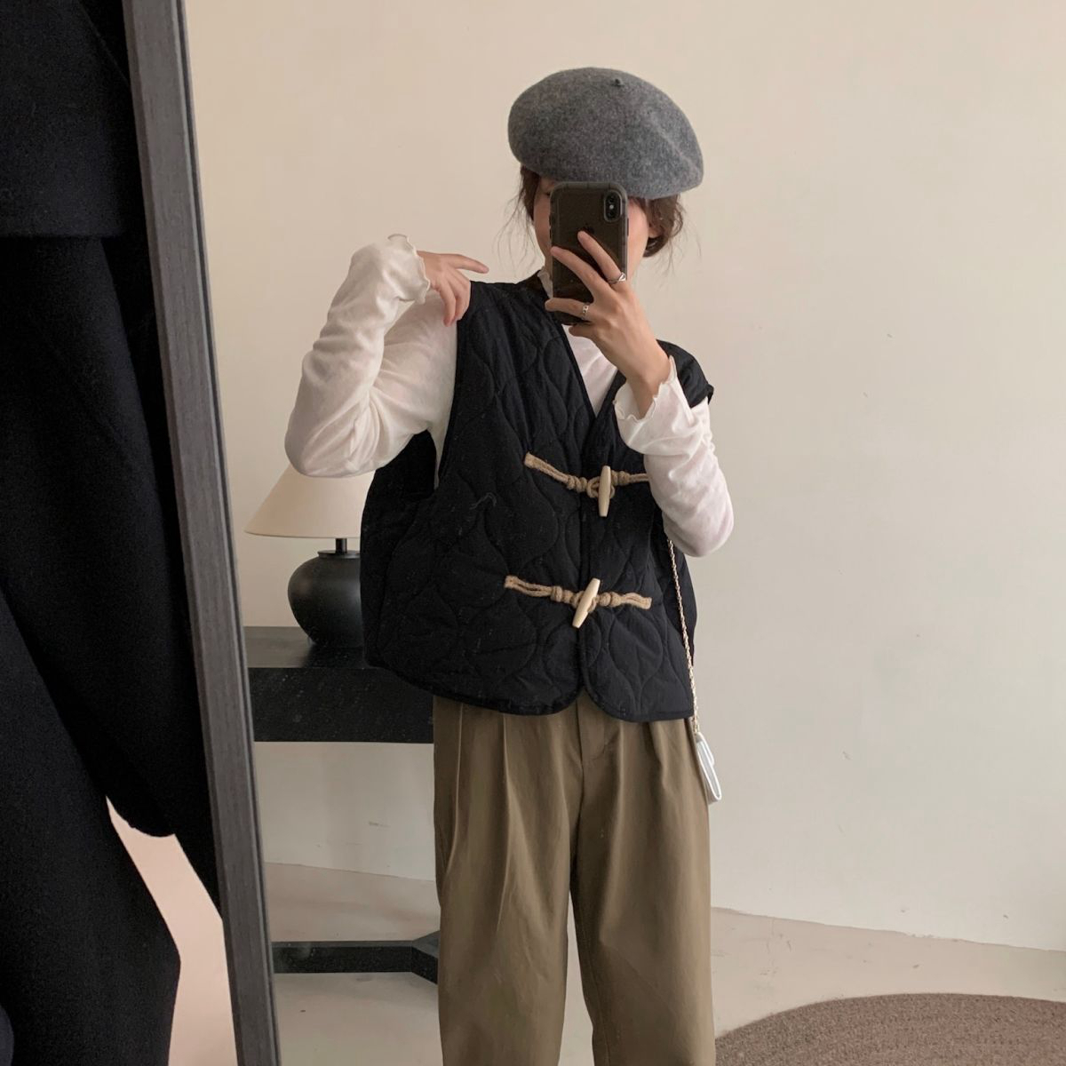 復古韓版牛角扣棉服背心外套女2023秋冬保暖氣質無袖疊穿松馬甲女