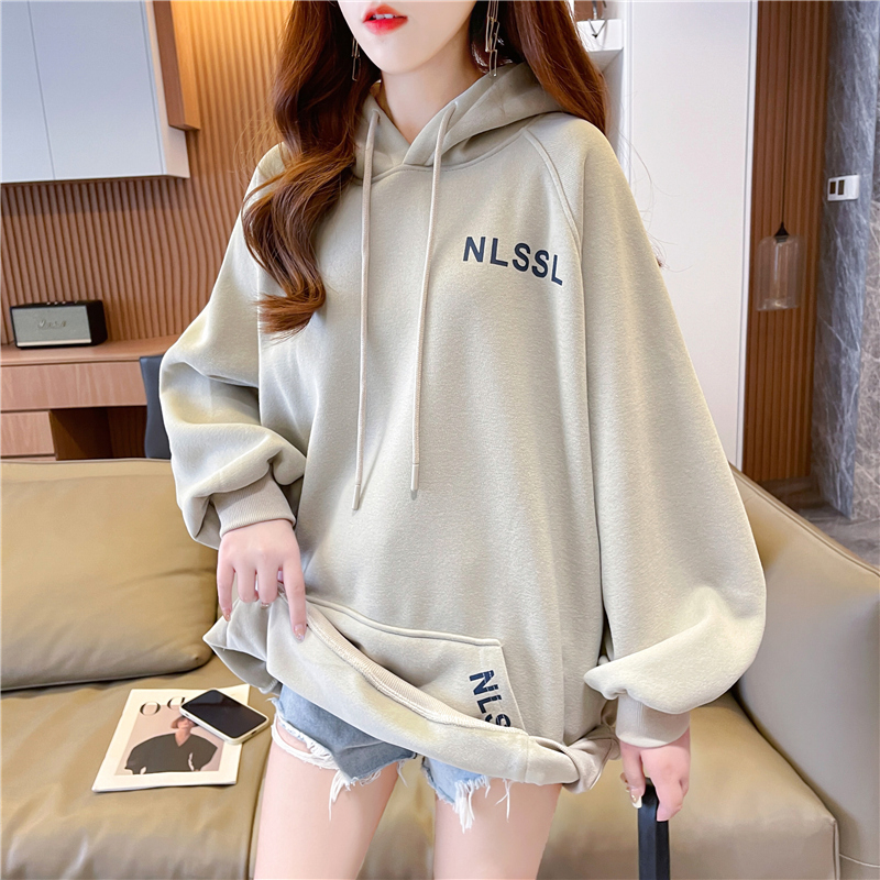 Actual shot of new autumn and winter Korean style loose composite beibei hooded letter printed mid-length velvet sweatshirt for women