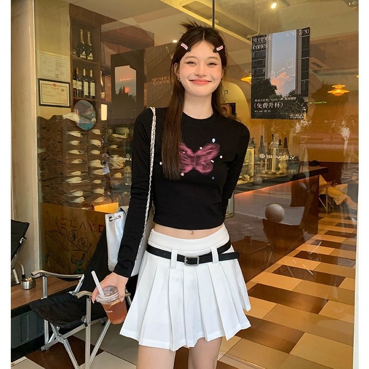 American hot girl design butterfly print short slimming long-sleeved T-shirt