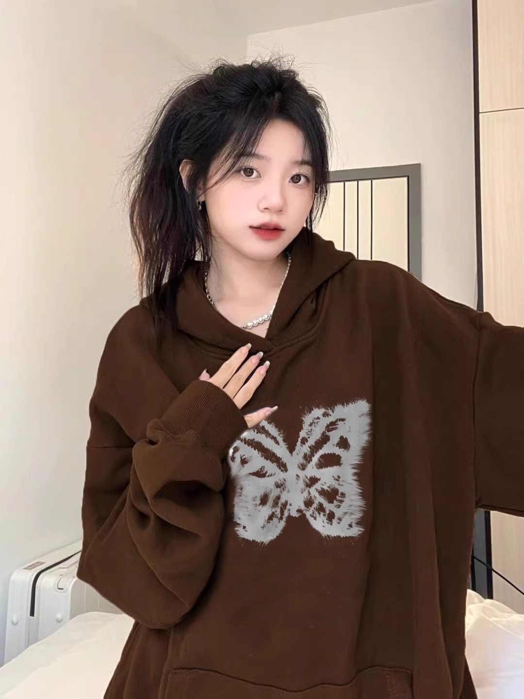 CVC cotton pasta wool Chinese cotton composite/milk silk 300g silver fox velvet 400g front printed hooded sweatshirt for women