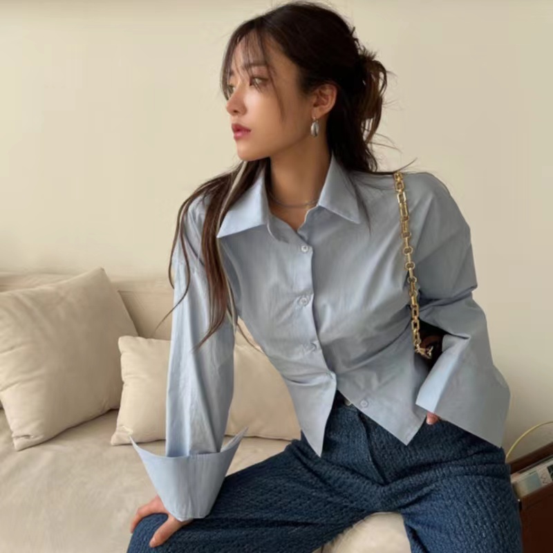 韓國chic春季新款設計感小眾氣質後背綁帶上衣修身顯瘦長袖襯衫女