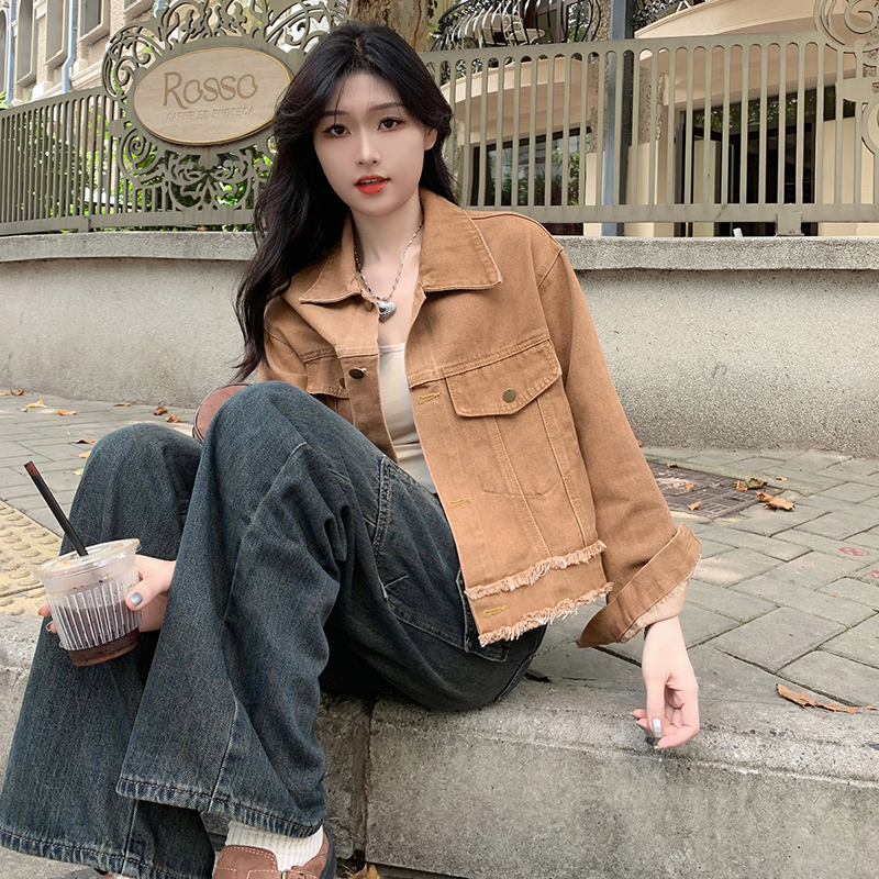 實拍美式復古駝色牛仔外套春秋設計感寬鬆休閒氣質夾克上衣