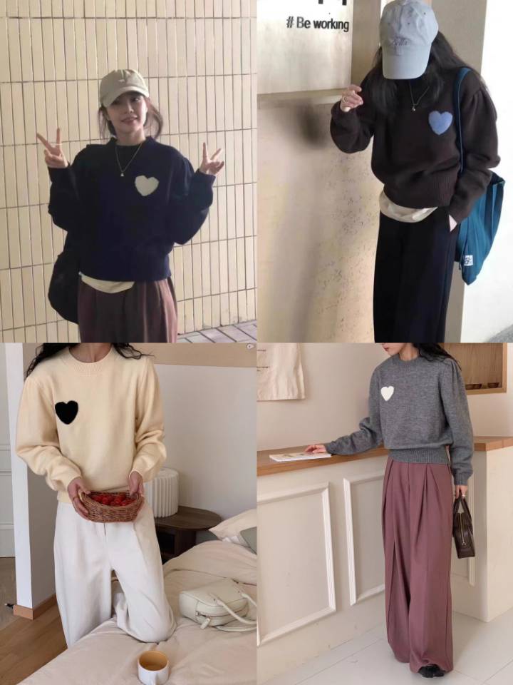 優質 韓國愛心軟糯圓領針織衫秋冬慵懶寬鬆休閒百搭長袖毛衣