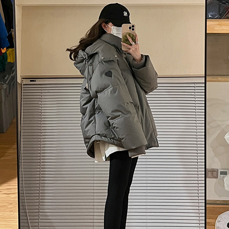 灰色愛心短款羽絨棉服23年新款男女情侶加厚小眾設計感麵包冬外套