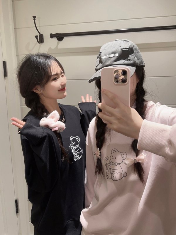 haleyhaley teddy bear少女印花棉寬鬆圓領通勤衛衣純色2023新款