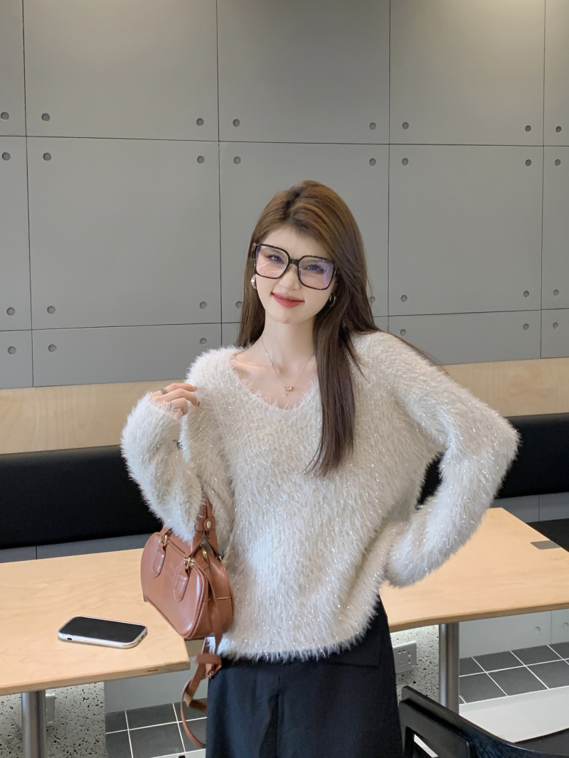 實拍~秋冬韓版V領水貂絨軟糯寬鬆慵懶風百搭甜美亮絲毛衣