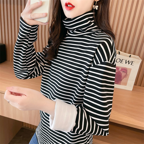 Real shot of cotton autumn and winter new high-neck long-sleeved T-shirt female students trendy internet celebrity same style