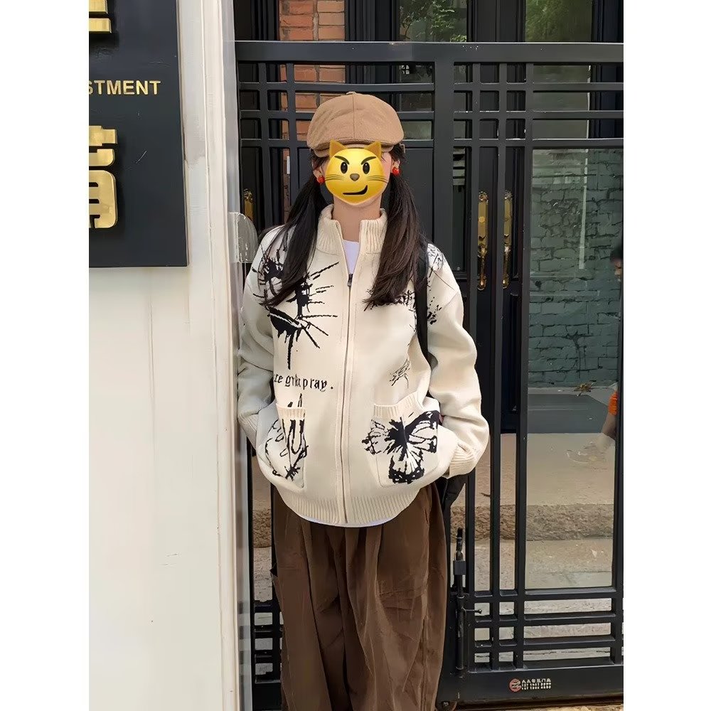 美式復古街頭風毛衣外套女秋季新款高級感個性潮牌別致拉鏈針織衫