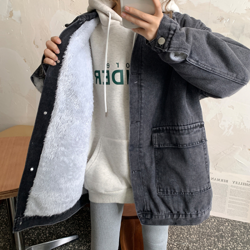 Real shot~Fleece thickened denim jacket for women in autumn and winter loose Harajuku bf style retro denim jacket trendy