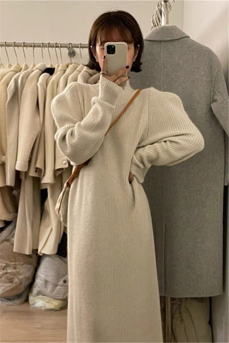 Apricot puff sleeve sweater knitted dress for women autumn and winter Korean style raccoon velvet inner with coat bottoming long skirt