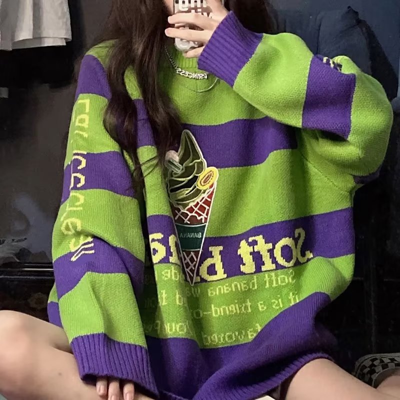 2023新款秋季國潮風甜酷系條紋撞色針織衫毛衣女寬鬆顯瘦百搭上衣