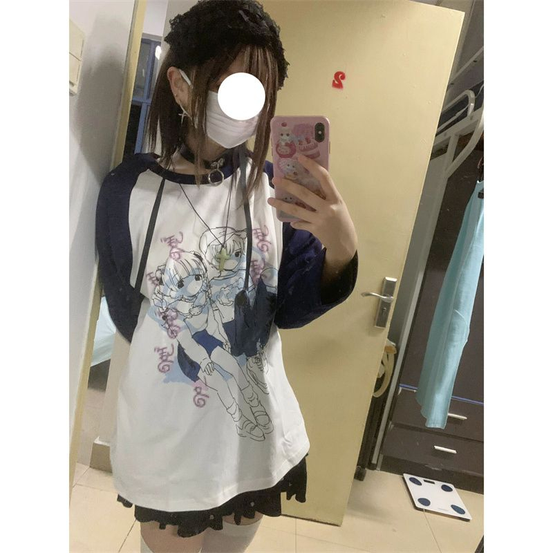 印花 撞色拼接圓領長袖t恤  21支純棉包肩領 白色拼藏青色