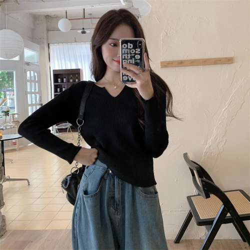 Autumn new V-neck design niche tops, fashionable and versatile bottoming shirts, loose slimming long-sleeved sweaters for women