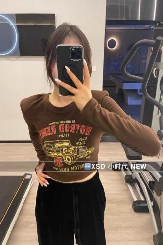 American retro slim-fit brushed autumn and winter new style shoulder pads pure lust hottie sexy short bottoming shirt female long-sleeved T-shirt