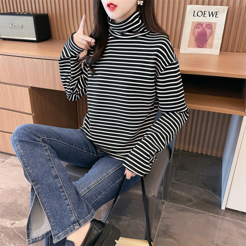 Real shot of cotton autumn and winter new high-neck long-sleeved T-shirt female students trendy internet celebrity same style