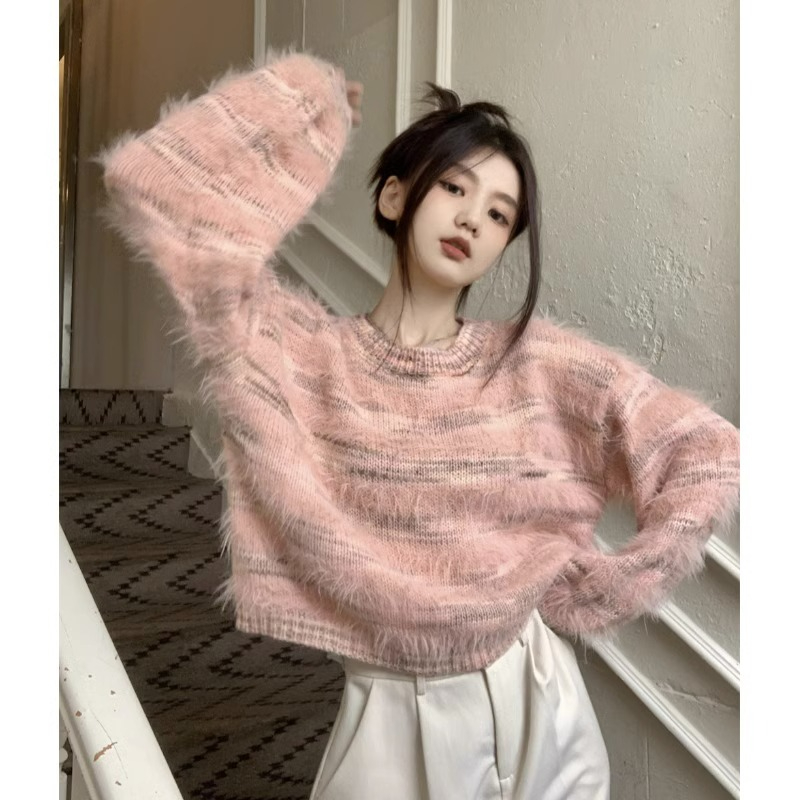 仿貂毛100%錦綸軟糯套頭毛衣女秋冬設計感寬鬆慵懶加厚針織衫