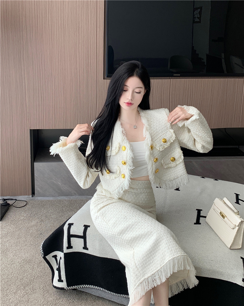 Actual shot ~ 2023 winter French socialite high-end cotton fragrant jacket slimming tassel long skirt suit