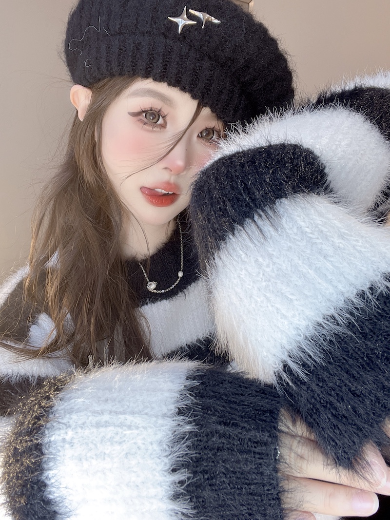 實拍 軟糯洋氣毛衣女秋冬設計感小眾條紋撞色馬海毛上衣