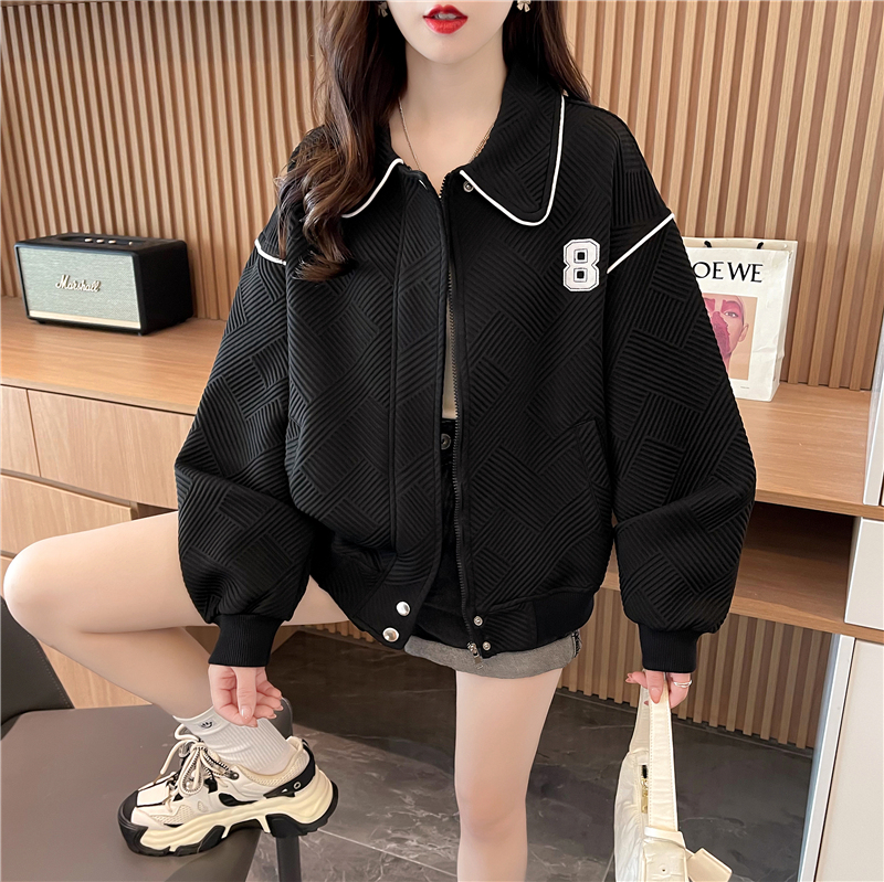 實拍 寬鬆翻領棒球服外套女春秋新款提花設計感小眾開衫