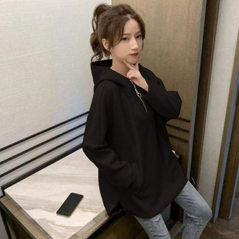 大碼女裝春秋季中長款薄款衛衣女洋氣顯瘦胖mm連帽外套200斤300
