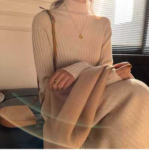 Korean style knitted dress for women in autumn and winter, half turtleneck, casual long sweater skirt, bottoming long skirt