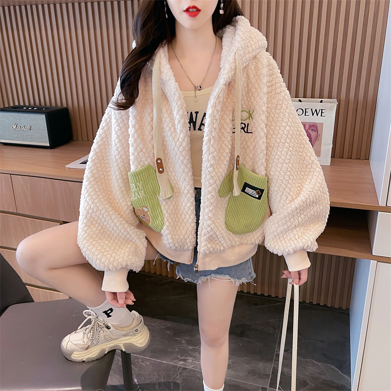 實拍 加絨雙面絨開衫外套女新款秋冬洋氣百搭寬鬆慵懶風拼色上衣