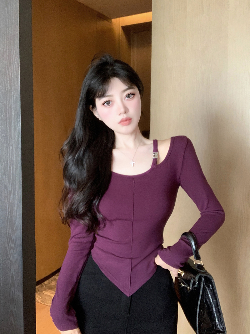 實拍 大U領單肩帶設計秋冬修身顯瘦套頭打底長袖上衣女