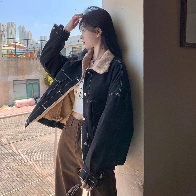 實拍牛仔外套秋冬韓版寬鬆百搭小個子學生短款加絨加厚棉服
