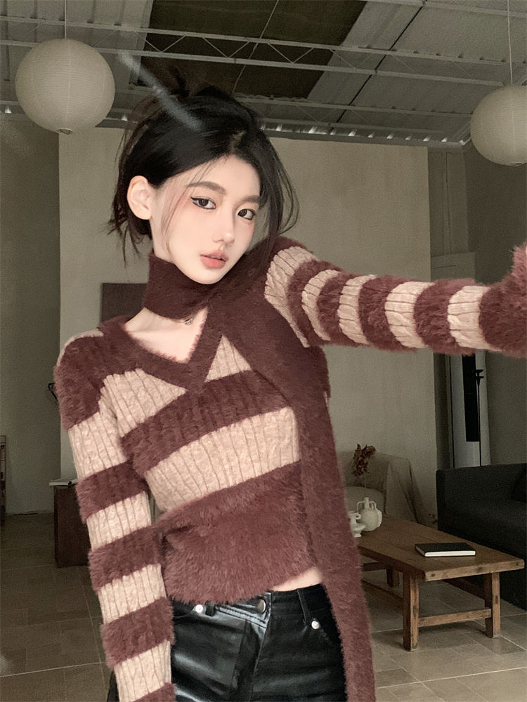 實拍！馬海毛條紋V領毛衣女辣妹修身顯瘦圍脖針織長袖打底上衣