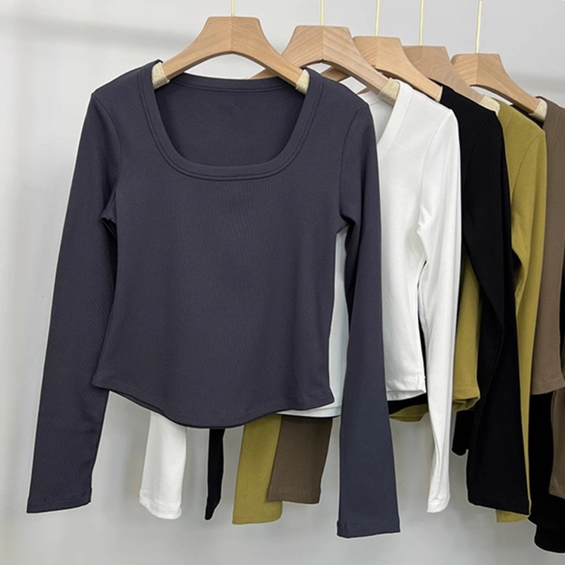 2023 DeRong bottoming shirt threaded long-sleeved bottoming shirt square collar short top western style T-shirt solid color autumn and winter inner wear